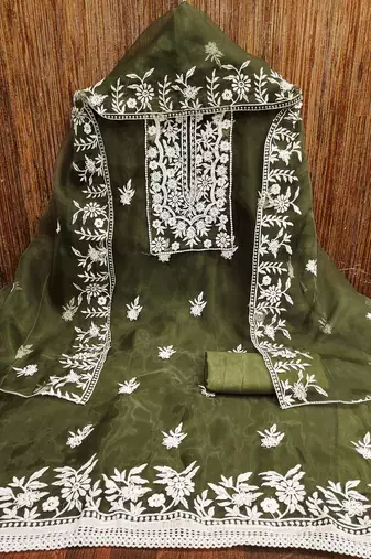 olive organza embroidered dress material
