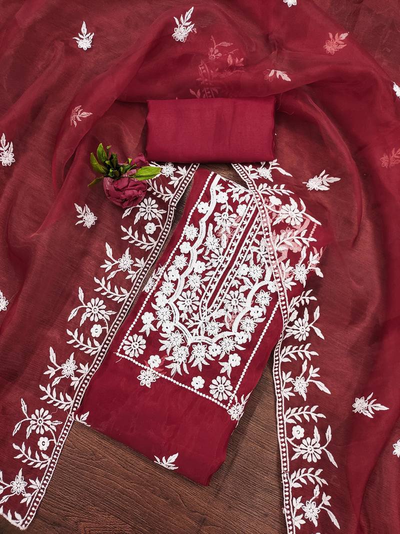 red organza embroidered dress material