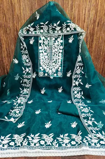 teal organza embroidered dress material