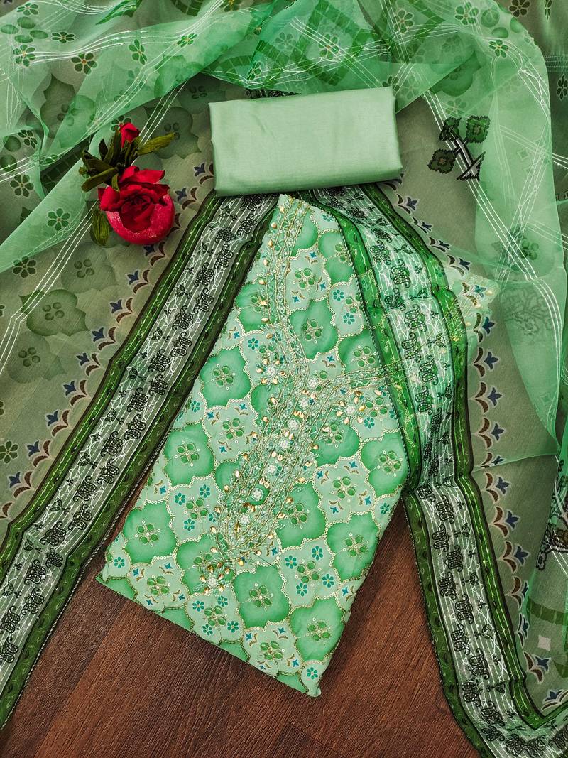 green organza sequins dress material