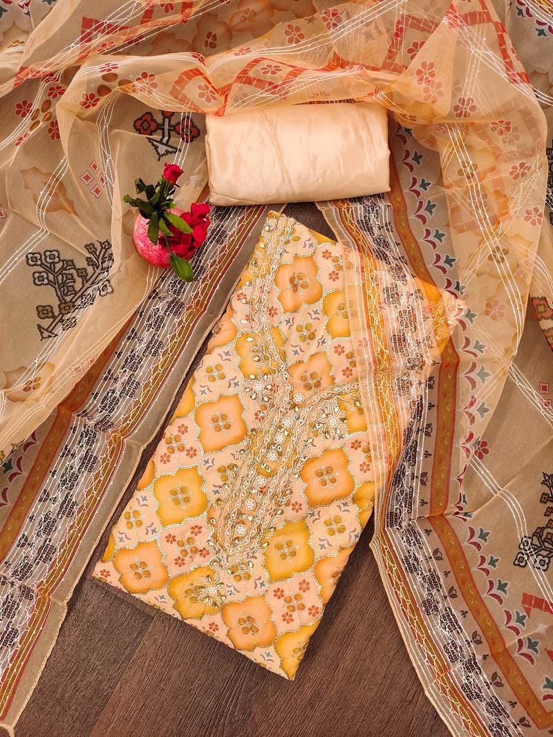 orange organza sequins dress material