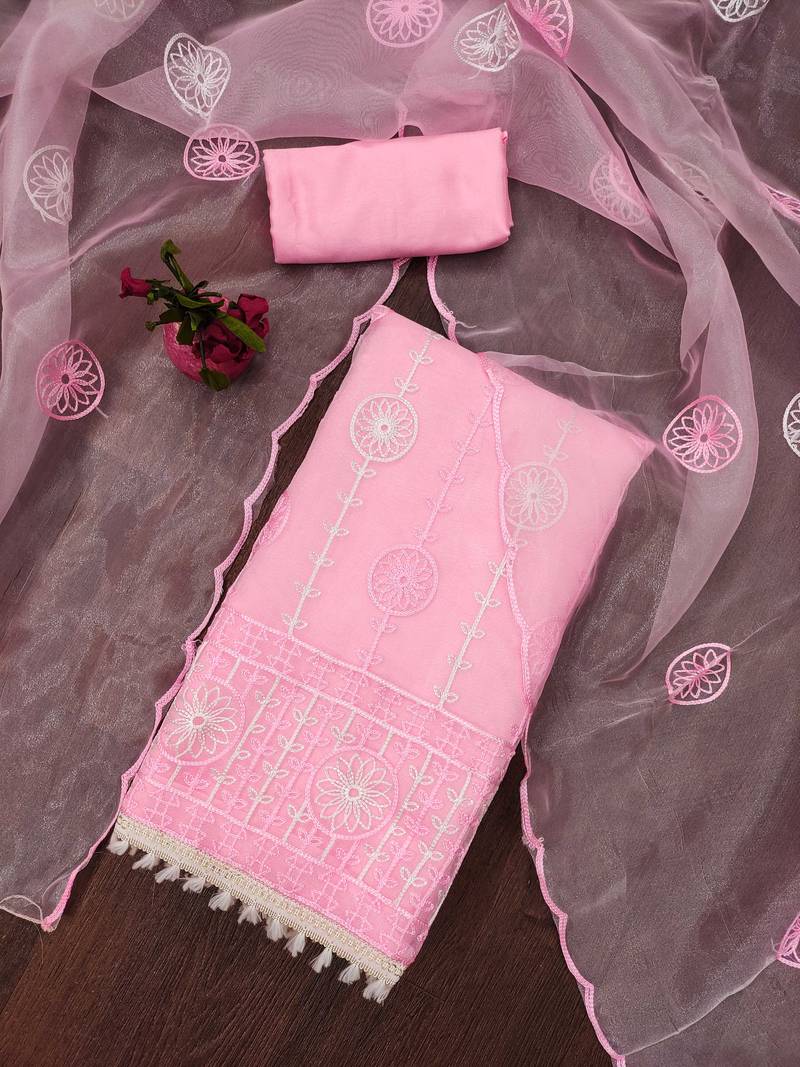 baby pink organza embroidered dress material