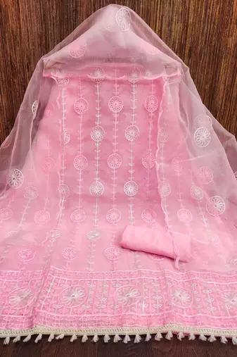 baby pink organza embroidered dress material