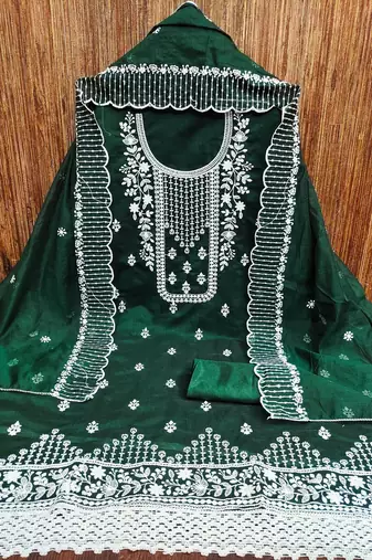 green cotton embroidered dress material