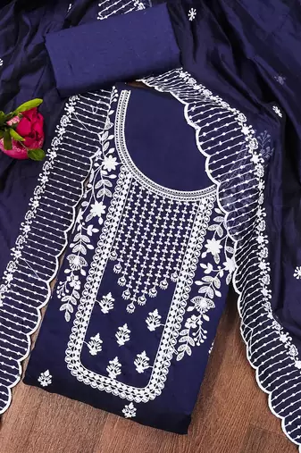navy blue cotton embroidered dress material