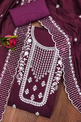 purple cotton embroidered dress material