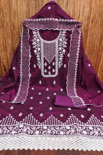 purple cotton embroidered dress material
