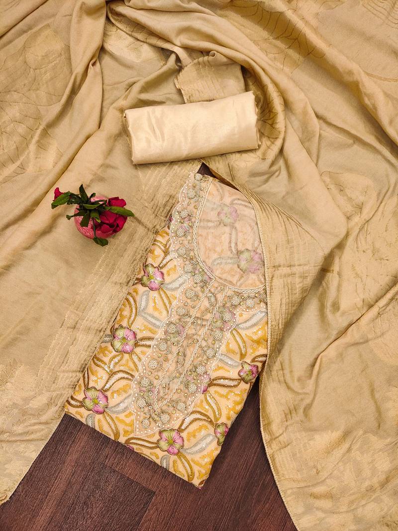 beige organza sequins dress material