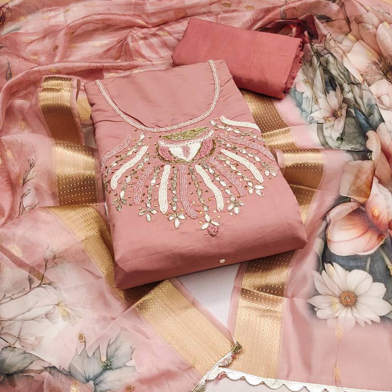 peach silk blend hand embroidery dress material