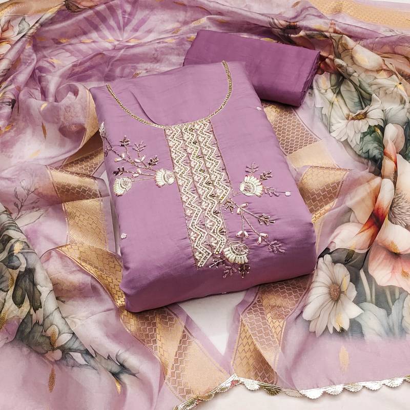 purple silk blend hand embroidery dress material