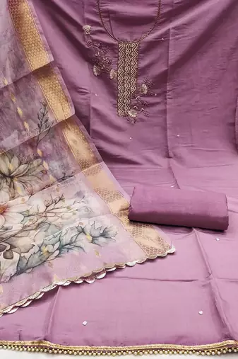 purple silk blend hand embroidery dress material