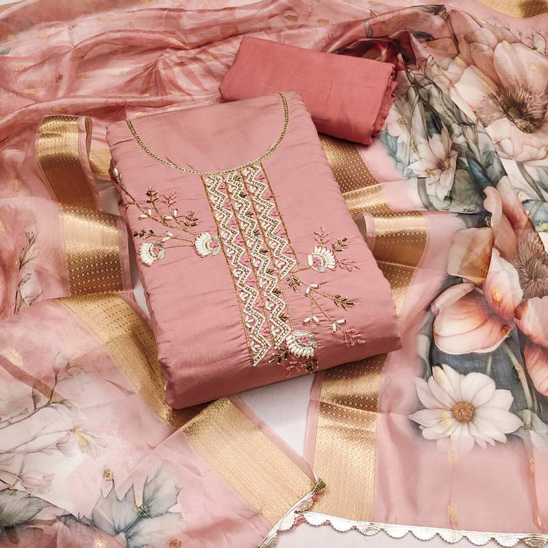 peach silk blend hand embroidery dress material