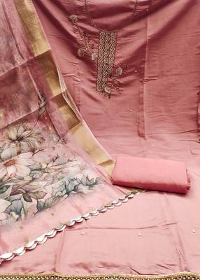 peach silk blend hand embroidery dress material 2