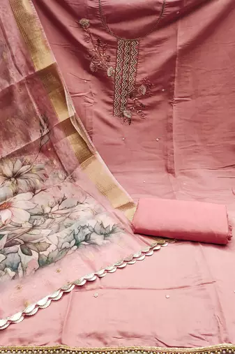 peach silk blend hand embroidery dress material