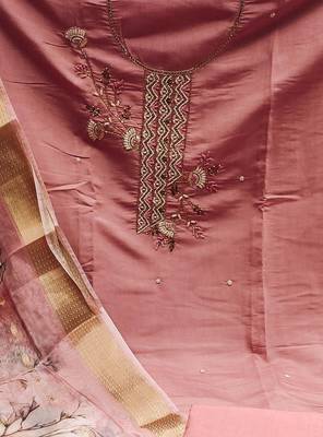 peach silk blend hand embroidery dress material 4