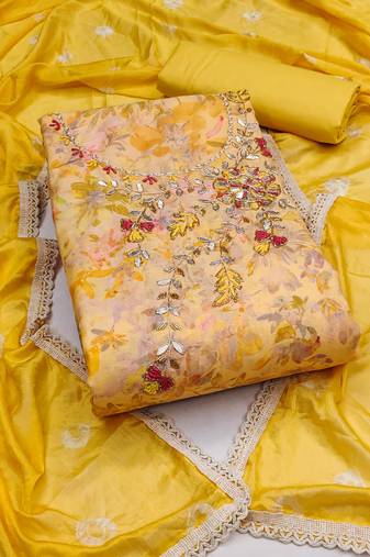 yellow cotton hand embroidery dress material