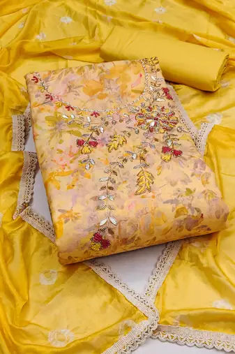 yellow cotton hand embroidery dress material