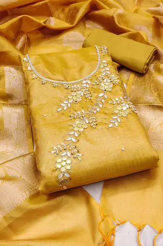 yellow viscose hand embroidery dress material