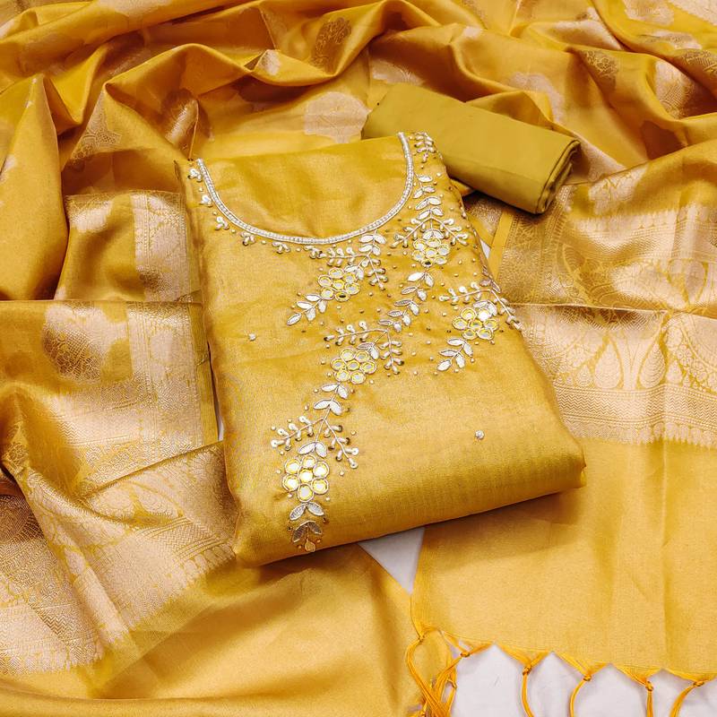 yellow viscose hand embroidery dress material