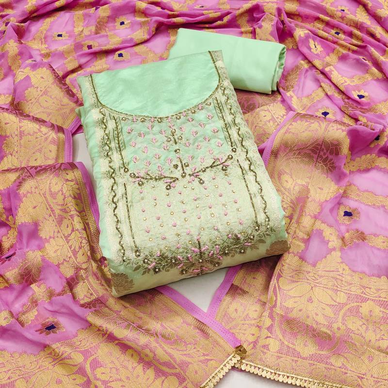 green banarasi hand embroidery dress material