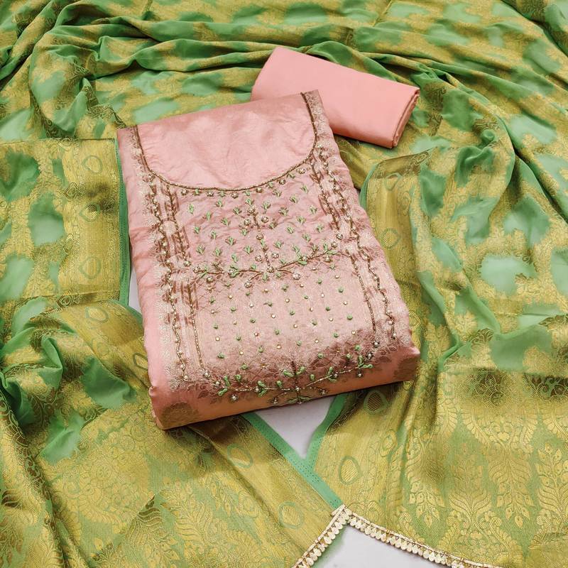 peach banarasi hand embroidery dress material