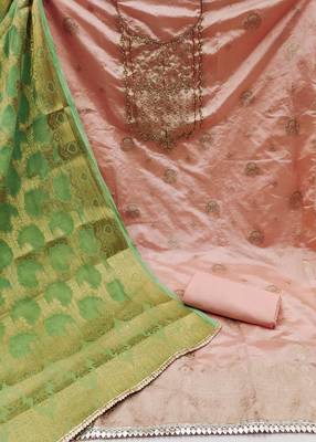 peach banarasi hand embroidery dress material 2