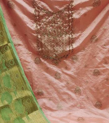 peach banarasi hand embroidery dress material 4