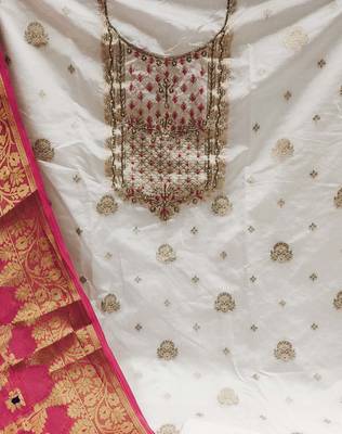white banarasi hand embroidery dress material 4