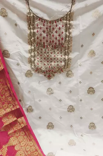 white banarasi hand embroidery dress material
