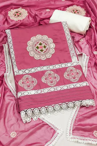 pink silk blend embroidered dress material