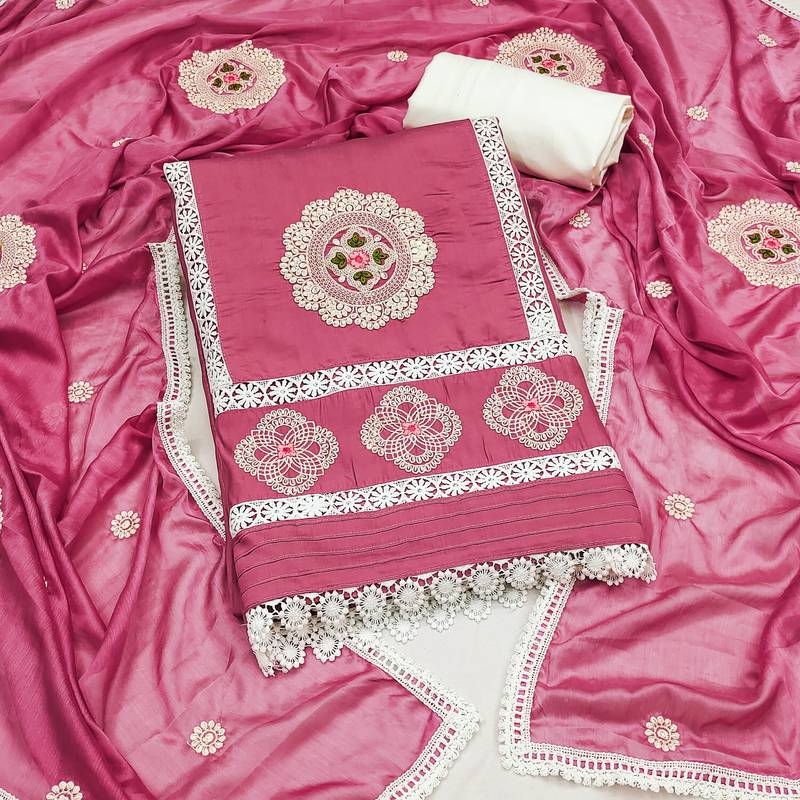 pink silk blend embroidered dress material