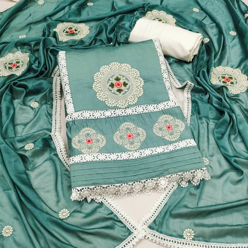 sea green silk blend embroidered dress material