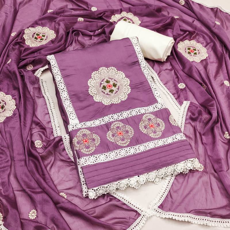 purple silk blend embroidered dress material