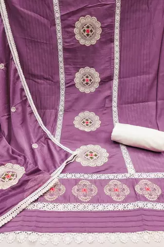purple silk blend embroidered dress material