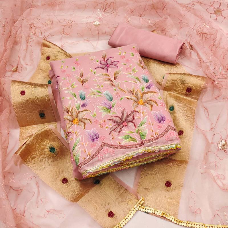 pink organza embroidered dress material