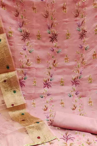 pink organza embroidered dress material