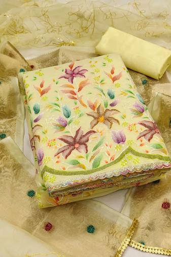 yellow organza embroidered dress material