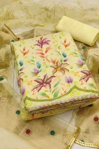 yellow organza embroidered dress material