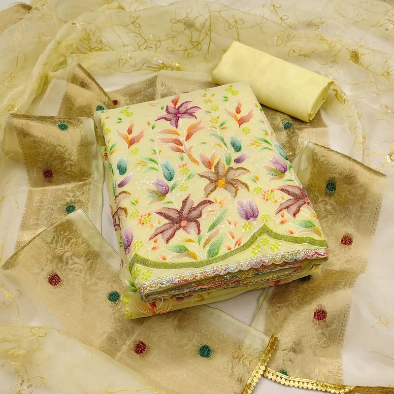 yellow organza embroidered dress material