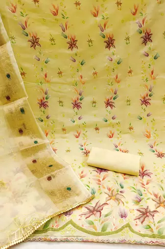yellow organza embroidered dress material