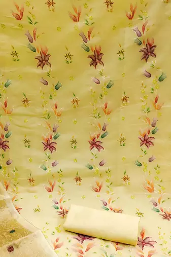 yellow organza embroidered dress material