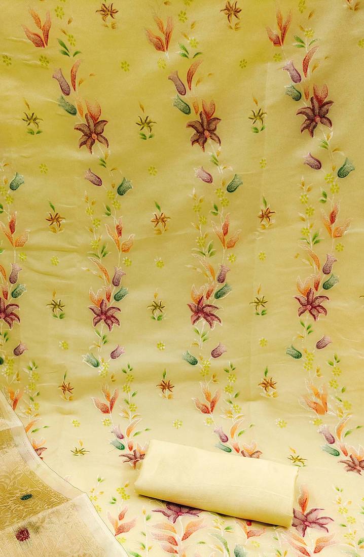 yellow organza embroidered dress material