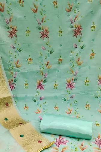 sea green organza embroidered dress material