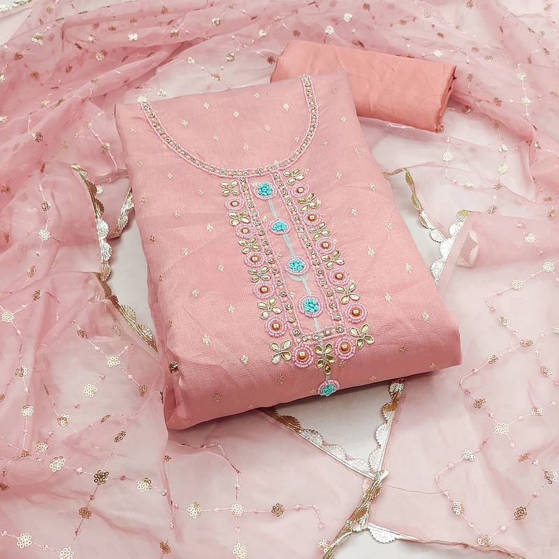 baby pink organza woven dress material