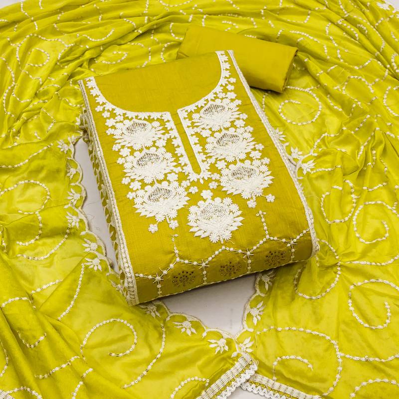 lime chanderi silk embroidered dress material