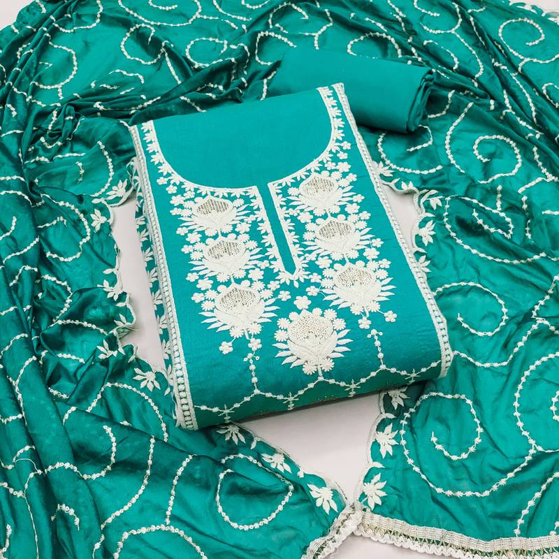 teal chanderi silk embroidered dress material