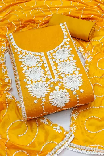 orange chanderi silk embroidered dress material