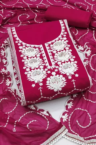 magenta chanderi silk embroidered dress material