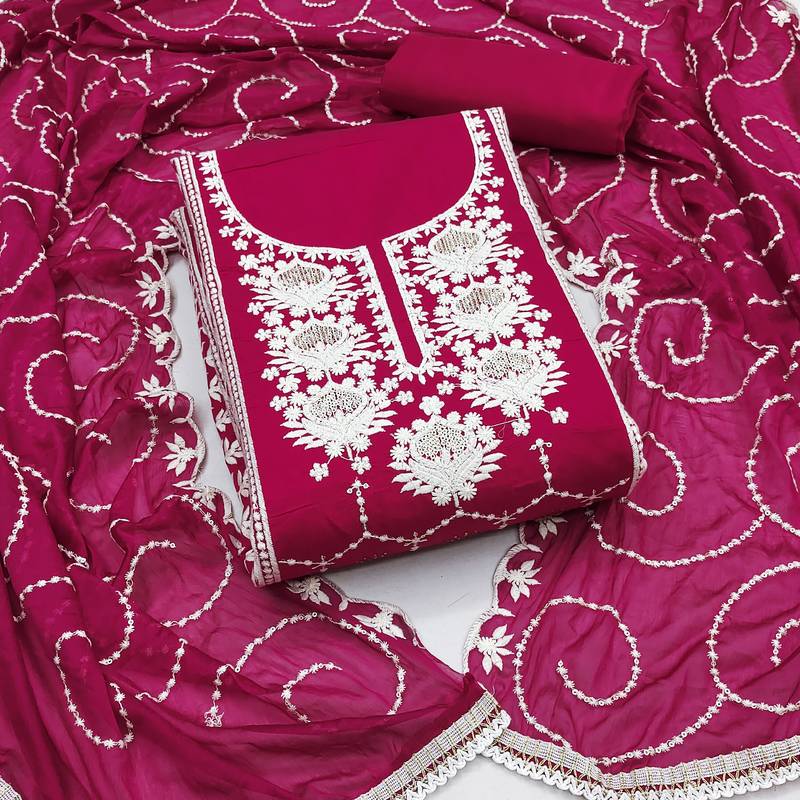 magenta chanderi silk embroidered dress material