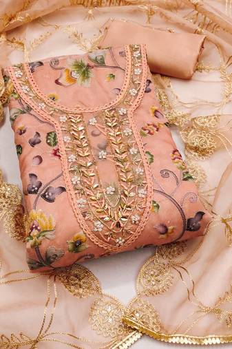 peach organza embroidered dress material